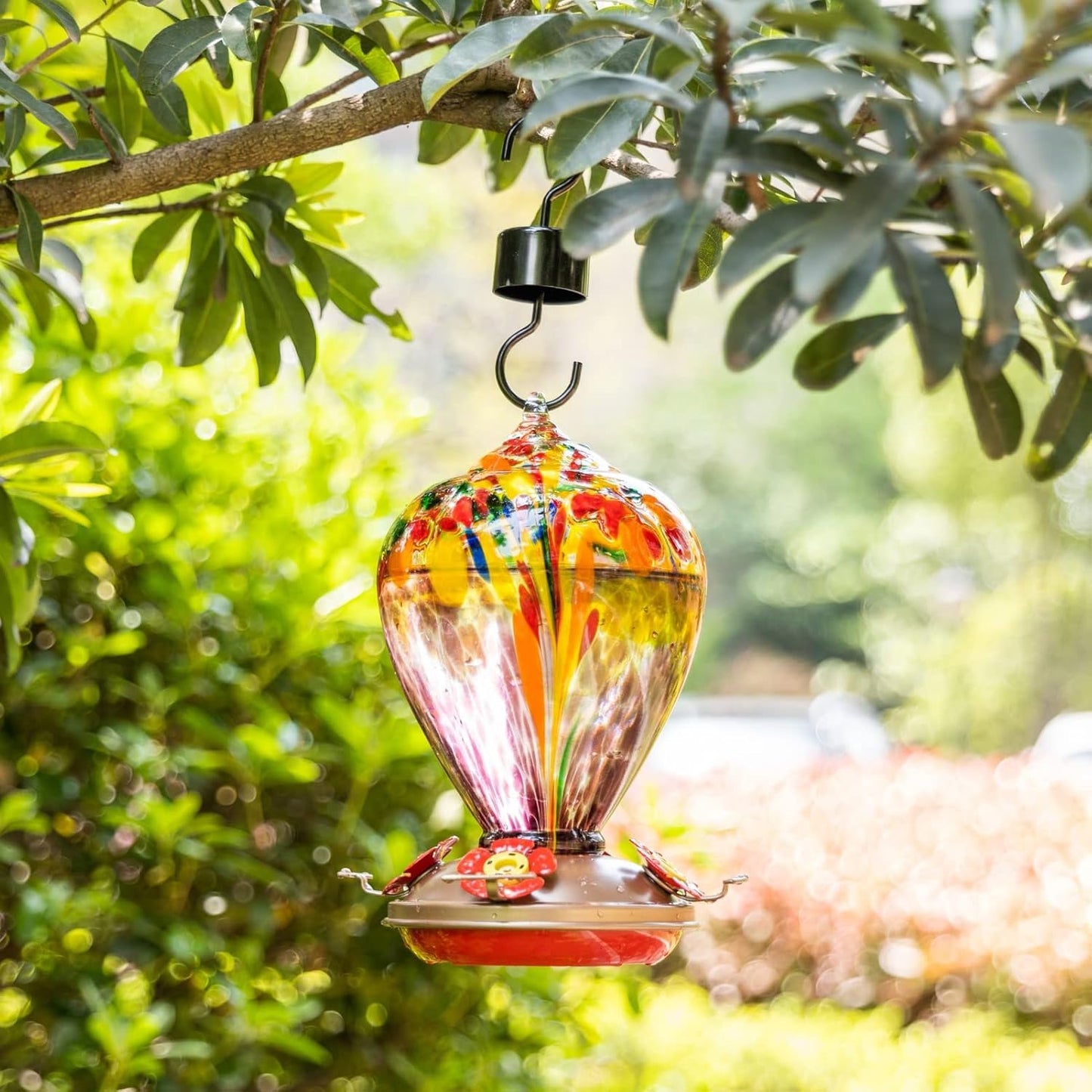 Muse Garden Hummingbird Feeders for Outdoors Hanging, Blown Glass Hummingbird Feeder, Humming Bird Gifts for Mom, Garden Decor for Outside, Unique Gifts Idea for Women, 34OZ, Purple Tulips
