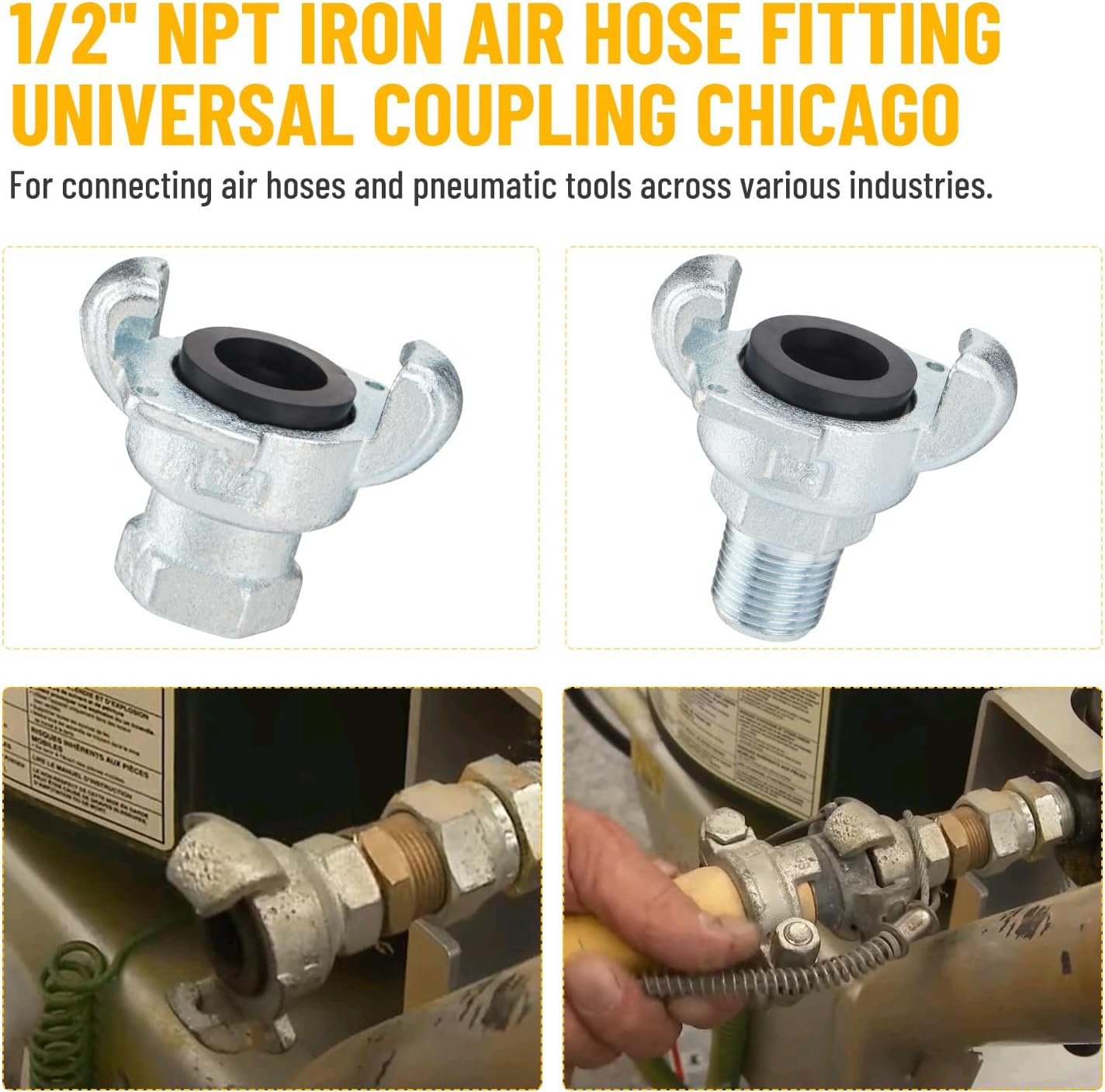 8PCS 1/2'' NPT Iron Air Hose Fitting, Universal Coupling Chicago Fitting 1/2'' for Male End, Female End