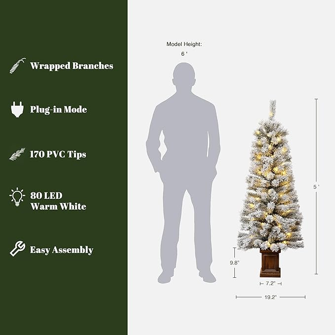 LuxenHome 5FT Potted Flocked Christmas Tree, Small Christmas Tree Prelit with 80 Warm White LED Lights, Lighted Pencil Artificial Christmas Trees with Square Planter Pot for Indoor, Outdoor