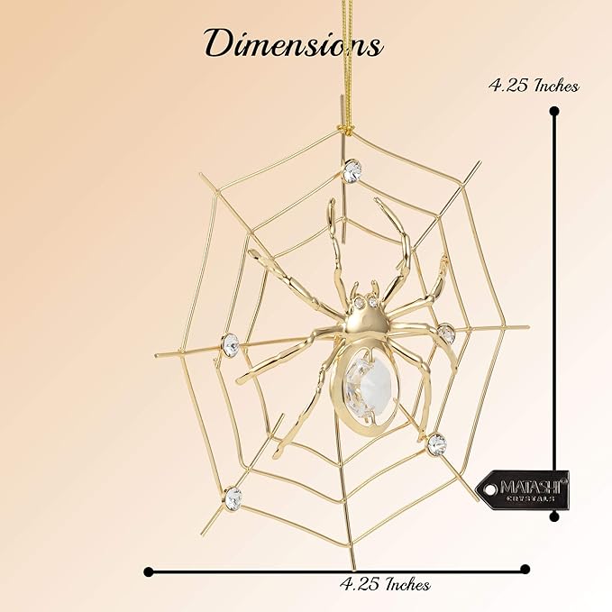 Matashi 24K Gold Plated Crystal Studded Lucky Spider Hanging Ornaments for Christmas Tree Spider Miracle Traditions, Decor - with Story of The Tradition of Tinsel Legend Spider on Web Ornament