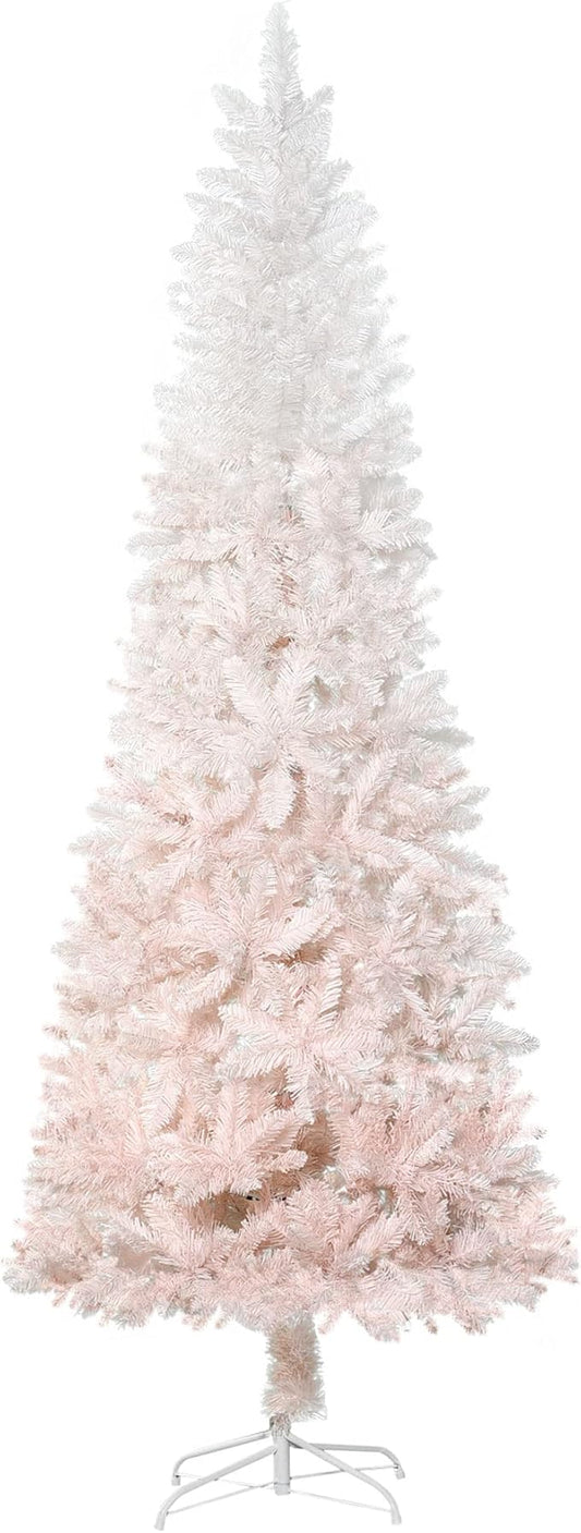 HOMCOM 6' Tall Unlit Pencil Fir Artificial Christmas Tree with Realistic Branches and Steel Base, Pink and White