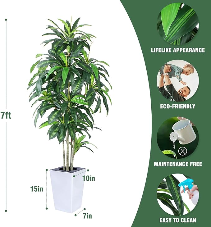 Artificial Dracaena Tree with White Tall Planter, 7ft Tall Potted Artificial Dracaena Silk Plant, Fake Yucca Tree Plant, Home Office Floor Room Decor Plants Indoor Outdoor, Housewarming Gift