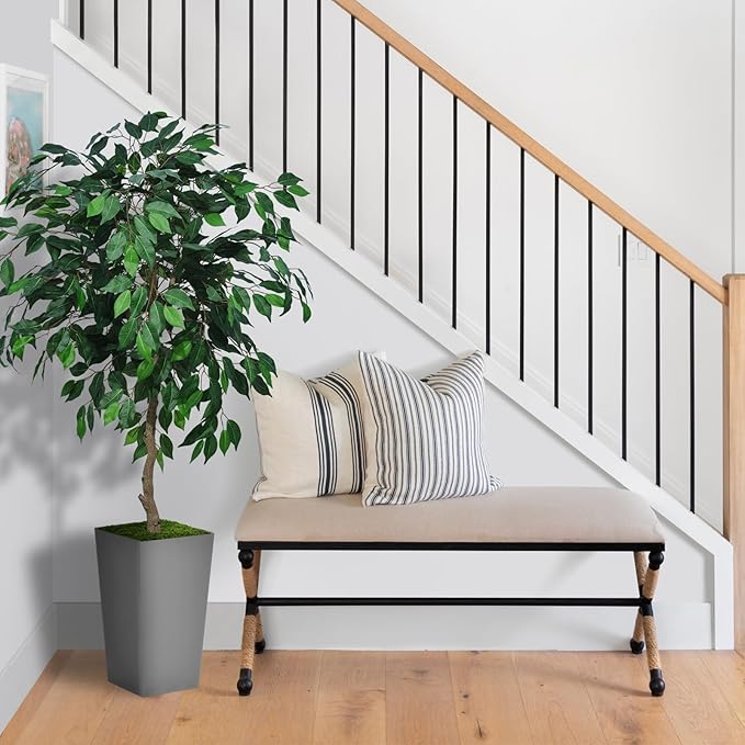 Artificial Ficus Tree 5FT - Faux Indoor Tree with Gray Tall Planter - Fake Ficus Floor Plant Potted - Artificial Silk Tree for Home Office Living Room Decor Indoor