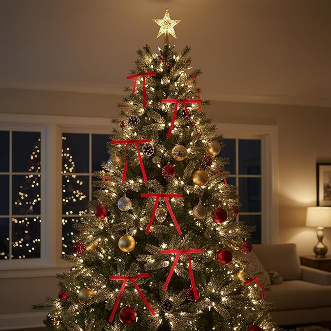 24 Pcs Velvet Christmas Tree Bows Decor, Vintage Wreath Bow for Christmas Garland, Gift Wrapping, Xmas Tree, 3/8'' Wide, 5 * 7 inch (Red)