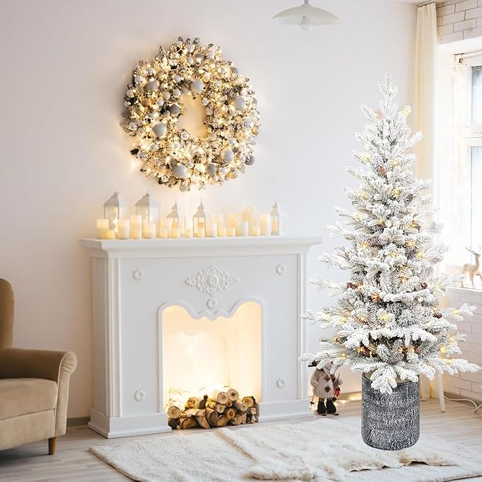 3FT Potted Flocked Christmas Tree, Snow Frosted Mini Tabletop Artificial Christmas Tree 365 PE & PVC Branch Tips for Front Door, Porch, Indoor and Outdoor