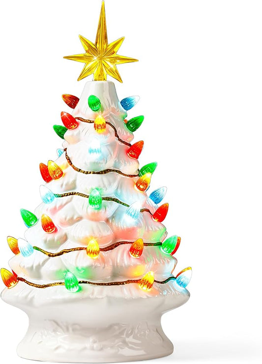 JOIEDOMI 12” White Christmas Ceramic Tree, Light up Tabletop Xmas Tree with 49 LED Lights, Ceramic Decor with Christmas Design, Xmas Holiday Indoor Office Table Centerpiece Decoration