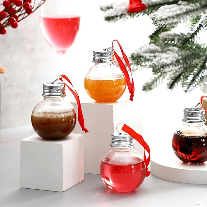 Patelai 50 Pcs Christmas Drink Balls Shot Glass Ornament Plastic Fillable Christmas Tree Ornaments Xmas Water Bottle Bulbs for Holiday Party Indoor Outdoor (Clear with Silver Lid)