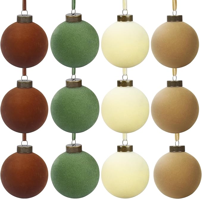 12 Pcs Velvet Christmas Balls Bulk Shatterproof Plastic Christmas Tree Decorations for Decorative Hanging Baubles (12, Brown、Green、Beige、Khaki, 3.94Inch)