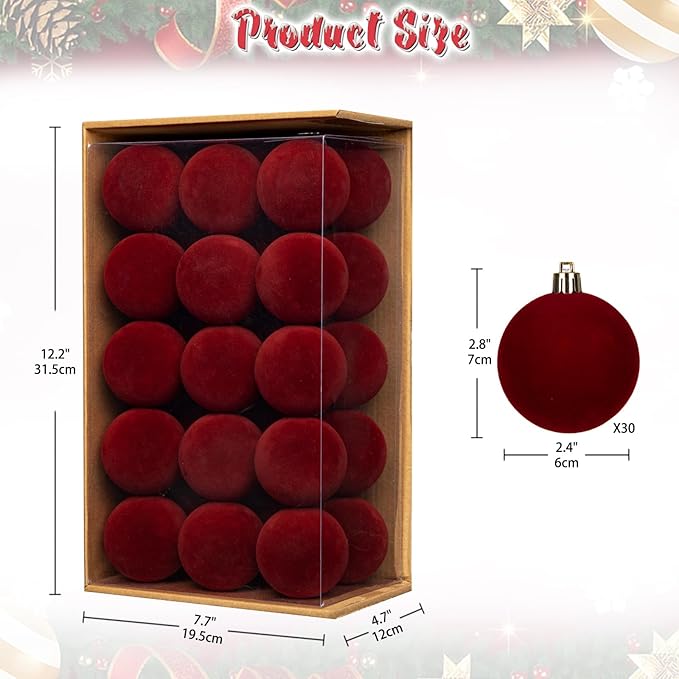 30PCS Velvet Christmas Ball Ornaments Set, 2.36" Shatterproof Baubles for Christmas Tree Decorations, Hanging Baubles with Soft Velvet Finish for Thanksgiving Holiday Party Décor, Burgundy Red
