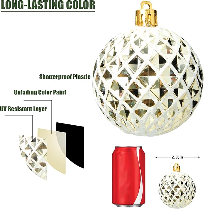 30-Pack Christmas Ball Ornaments for Tree,Shatterproof Plastic Holiday Baubles Set in Assorted Sizes and Finishes, Christmas Tree Decorations for Home, Office, Party, Indoor Outdoor Use