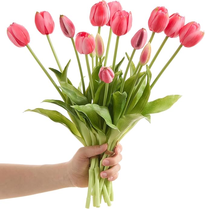 15 Pcs Red Tulips Artificial Flowers Faux Tulips Real Touch Latex Fake Flower Bouquet for Spring Wedding Home Décor Centerpiece Arrangements