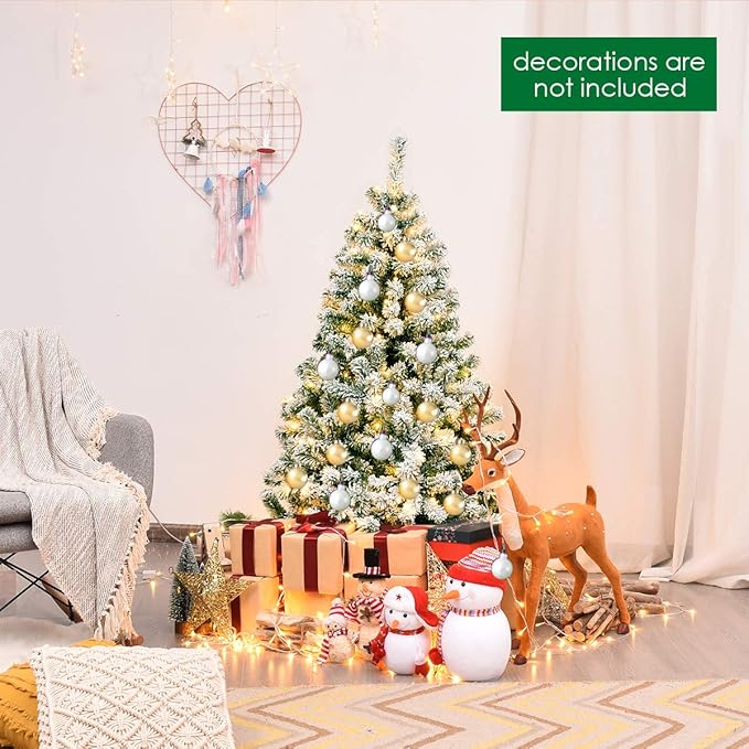 Happygrill 4.5FT Pre-lit Artificial Hinged Christmas Pine Tree Snow Flocked Christmas Tree with Solid Metal Stand Flexible Branches Traditional Festival Decoration Tree