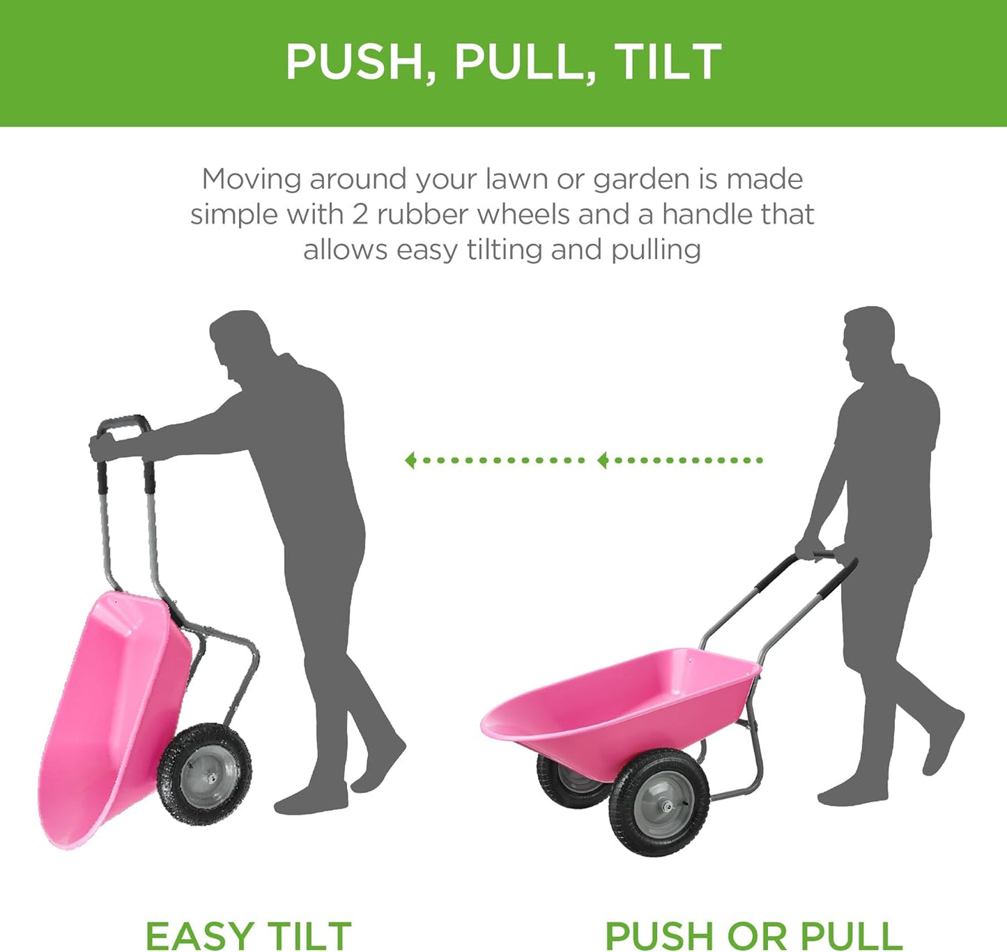 Best Choice Products Dual-Wheel Home Utility Yard Wheelbarrow Garden Cart w/Built-in Stand for Lawn, Gardening, Construction - Pink