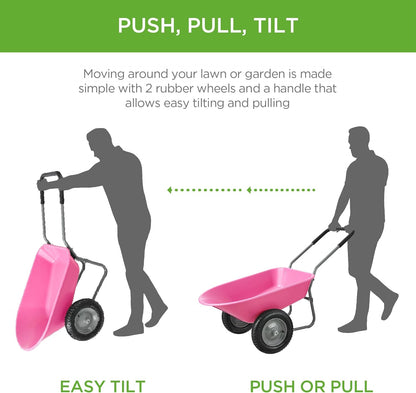 Best Choice Products Dual-Wheel Home Utility Yard Wheelbarrow Garden Cart w/Built-in Stand for Lawn, Gardening, Construction - Pink