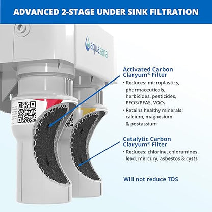 Aquasana Under Sink Water Filter System - Reduces PFAS, Lead, & Chlorine in Drinking Water - Under Counter Claryum Filtration for Kitchen - 2-Stage - Brushed Nickel Faucet - AQ-5200.55