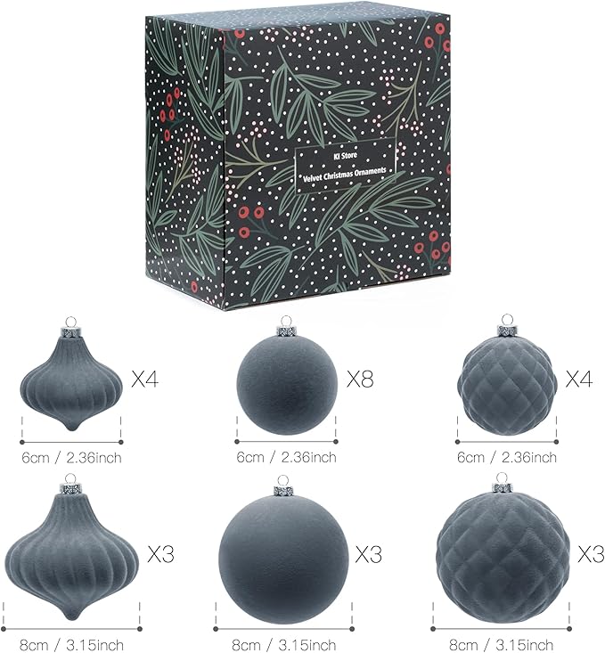 KI Store Velvet Christmas Balls Lux Gray 25pcs Flocked Christmas Tree Ornaments Assortment for Xmas Tree Holiday Decor