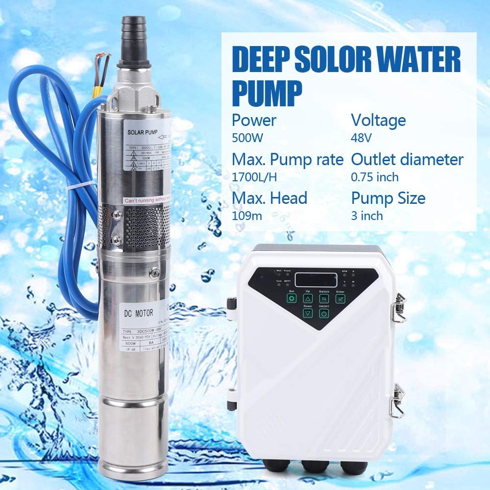 Deep Well Submersible Pump, 500W DC 48V Solar Water Pump 3Inch Stainless Steel Submersible Well Pump, Maximum Head 357.61 for Farm Ranch Irrigation