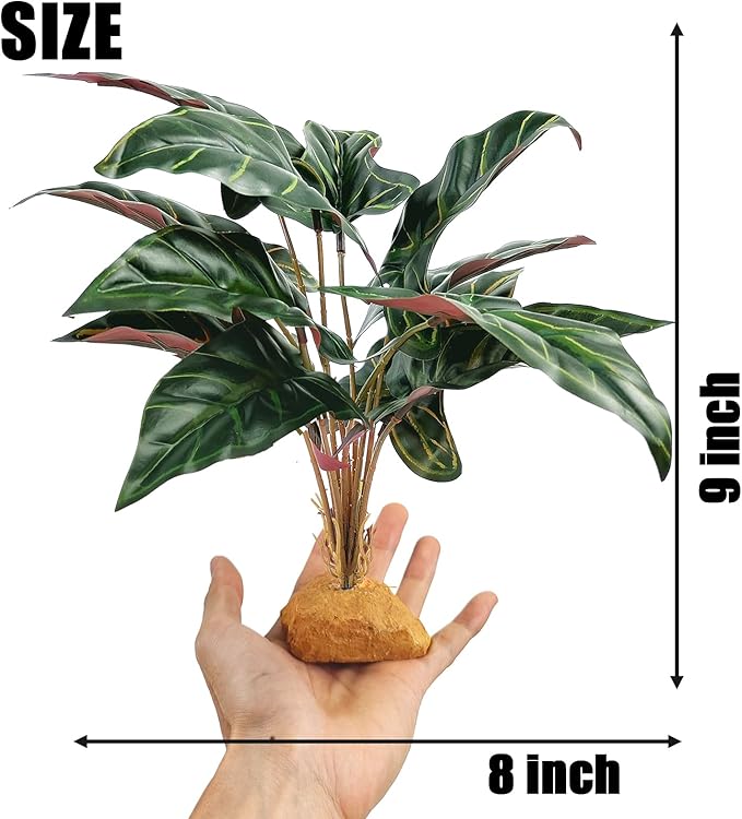 Woyrise Reptile Artificial Plants for Terrarium Decor, Amphibian Habitat Decorations Bearded Dragon Tank Accessories fit Crested Gecko Leopard Lizard Chameleon Ball Python Snake Frog - Fake Alocasia