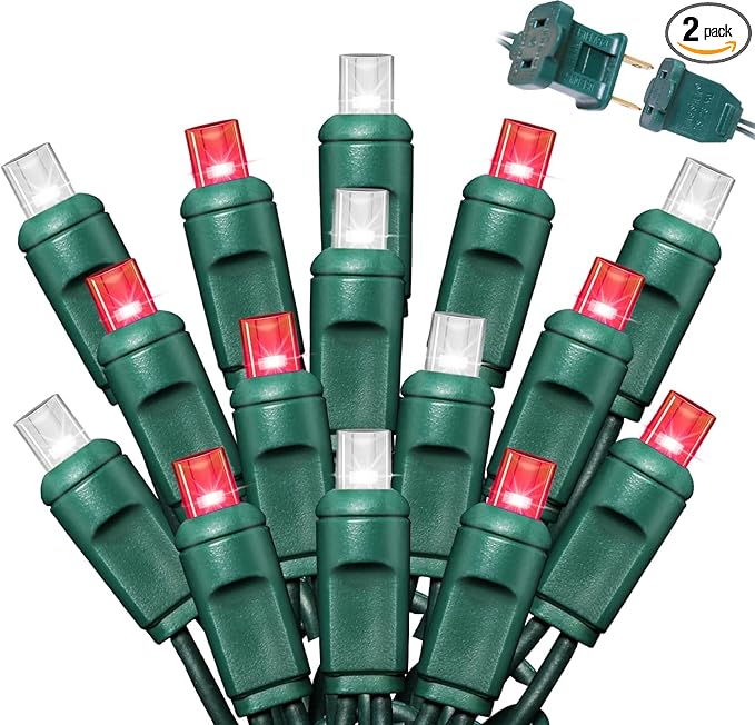 LAMPHOME 100Count (2pk of 50L) String Lights, LED Christmas Lights, 6" SPACING,Green Wire,Red and White,Commercial Grade