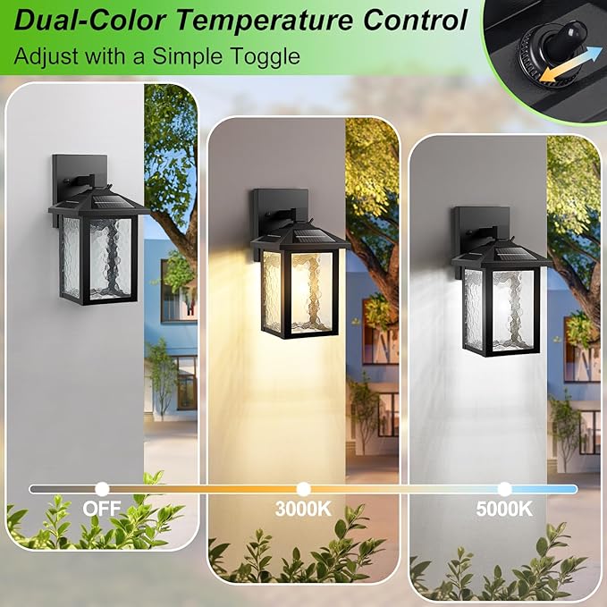 BesLowe Solar Wall Lights Outdoor, Aluminum Dusk to Dawn LED Porch Light, 3000K/5000K Adjustable, Wireless Exterior Lighting Fixtures Solar Wall Lantern Sconce Light for Outside Garage, 2-Pack