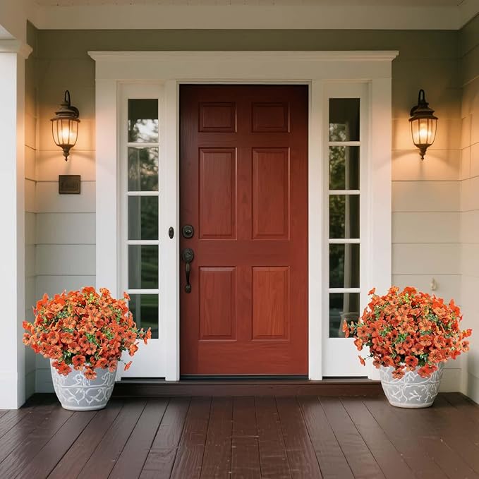 Artificial Flowers for Outdoor UV Resistant Fake Plants, 12 Bundles Fake Mums Silk Daisy in Pots for Porch Patio Garden, Faux Potted Home Decor for Outside (Orange)