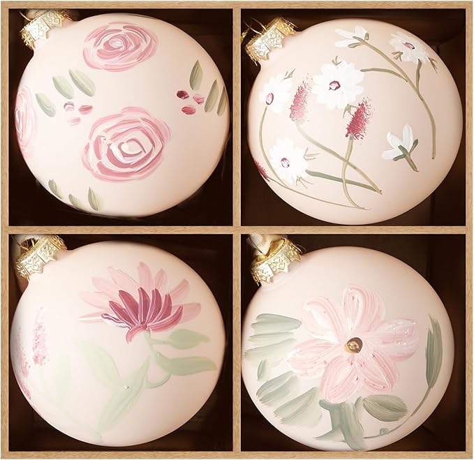 DN DECONATION Christmas Ball Hanging Ornaments Set of 4 – 3.14” Pink Glass Balls Hand-Painted with Flowers and Green Leaves, Elegant Christmas Decorations for Tree, Holiday Decor & Wedding