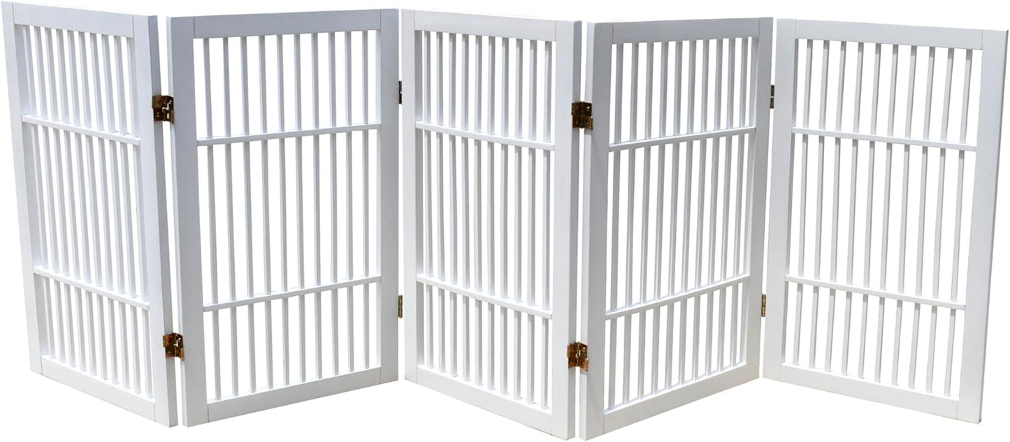 Pet Dog Gate Strong and Durable Freestanding Folding Acacia Hardwood Portable Wooden Fence Indoors or Outdoors by Urnporium (White Pet Gate, 5 Panel 30" Tall)