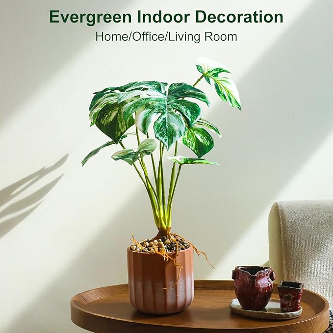 Tall Fake Monstera Plant, 8 Leaves Faux Tree in Red & White Ceramic Pot, Artificial Plants Indoor & Outdoor, Decorative Floor Plant for Living Room, House Decor