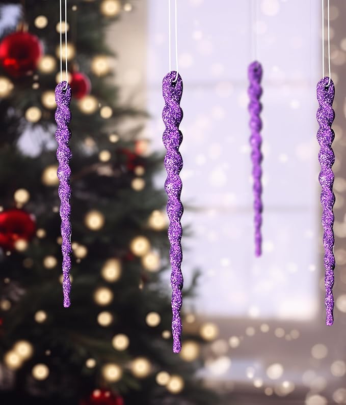 AMS Sparkling Glitter Plastic Icicle Ornaments 30 PCS Twisted Icicles Decoration Christmas Tree and Holiday Xmas Party Hanging (5.1'', Purple)