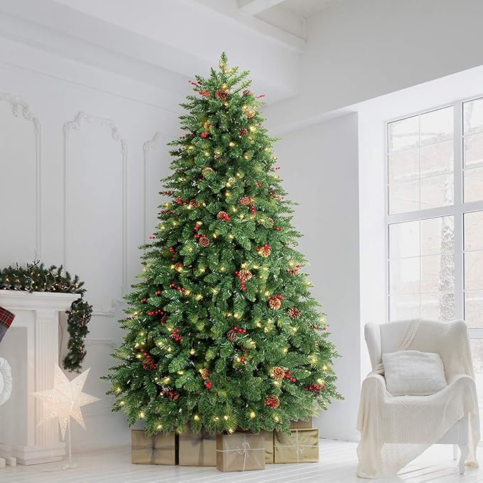 9FT Prelit Christmas Tree, Artificial Christmas Tree Pre-Decorated with Pinecones and Berries (800 Clear Warm Lights and Realistic 2106 Thicken Tips, Sturdy Metal Base)