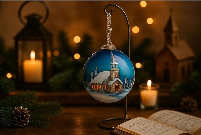 Church Christmas Ornament – Hand-Painted Glass Collectible with Snowy Chapel & Winter Trees – Reverse Painted Church Ornament for Christmas Tree, Holiday Village Décor with Gift Box