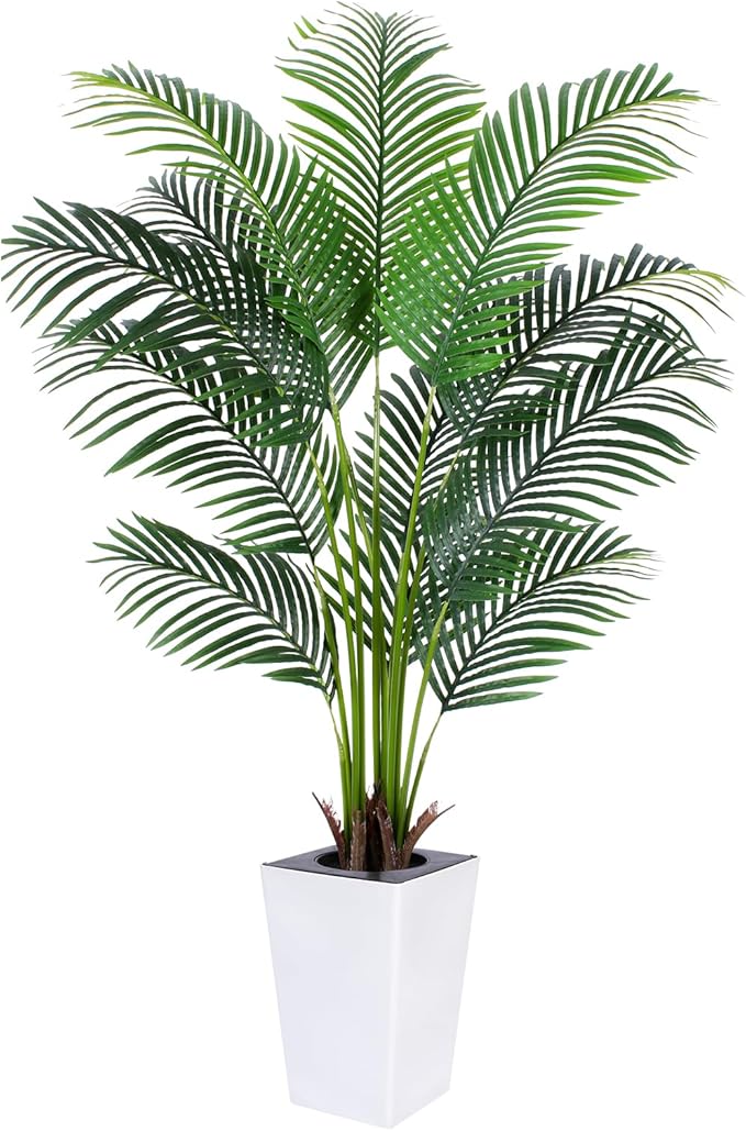 Artificial Palm Tree with White Tall Planter, 5ft Tall Potted Artificial Silk Palm Tree Plant, Fake Tropical Plant, Home Office Floor Room Decor Plants Indoor Outdoor, Housewarming Gift