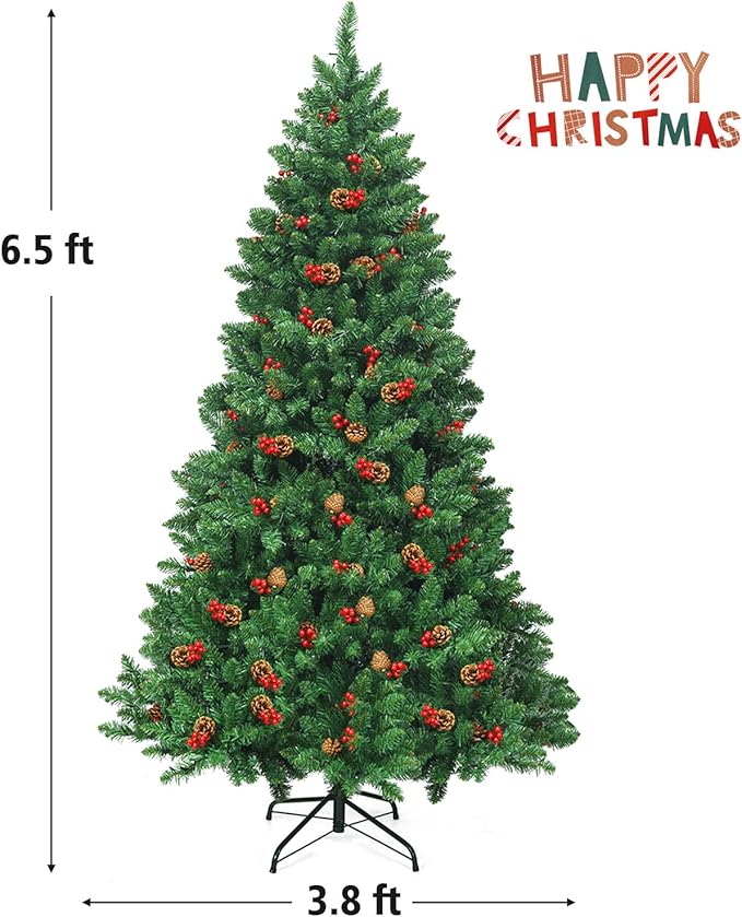 GOFLAME 6.5 FT Pre-Lit Christmas Tree with 1100 Branch Tips, Premium PVC Needles, Hinged Artificial Christmas Tree w/Sturdy Metal Stand, Pine Cones and Red Berries for Home, Office, Shops and Hotels