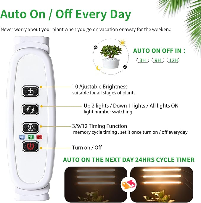 LED Grow Light Strips, Full Spectrum Plant Growing Lights for Indoor Plants 3500K, 144 LEDs Plant Lamp with 3/9/12H Timer, 10 Dimmable Levels, 3 Head 13 Inches