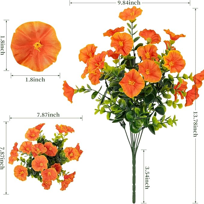 Lnoicy Artificial Flowers for Outdoor 12 Bundles Eucalyptus Fake Flowers for Planter,UV Resistant Fake Morning Glory for Home/Porch/Garden Decoration（Orange）