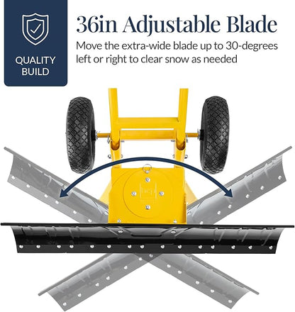 Best Choice Products 36in Galvanized Blade Heavy-Duty 2-Wheel Snow Pusher Hand Plow for Snow Removal w/Wheels, Adjustable Handle, Blade Angle - Yellow