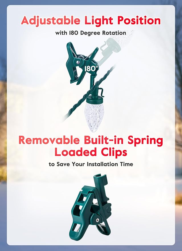 C9 LED Christmas Lights Outdoor, 68 Ft 100 LED Strawberry String Lights With 100 Spring Clamps, Waterproof Commercial Grade Extendable for Outside Roofline Patio Home Xmas Decoration, Red & Warm White