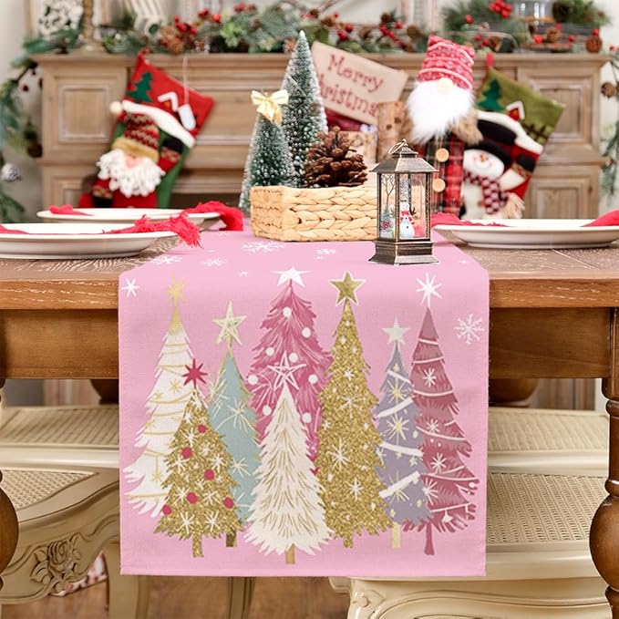 GEEORY Christmas Table Runner 13x72 Inch, Xmas Trees Snowflakes Holiday Decorative Farmhouse Table Decoration for Kitchen Dinning, Indoor Outdoor Dinner Party Decor (Pink) GT153-72