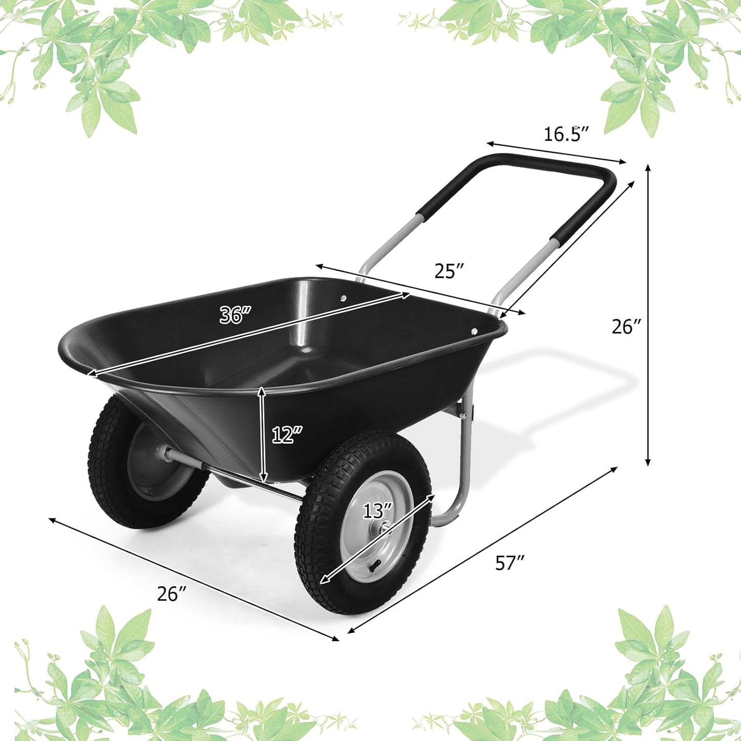 ERGOMASTER Dual-Wheel Wheelbarrow, Home Utility Garden Cart, 330 LBS Capacity, Large Heavy Duty Yard Cart for Gardening & Planting, Lawn, Farm, Construction Site, Black