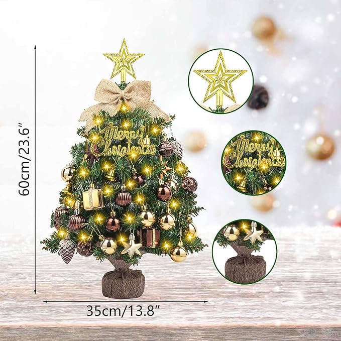 SVNVIOZ 2FT Small Tabletop Christmas Tree with Lights, Mini Artificial Christmas Tree with Bronze Gold Ornaments, Xmas Tabletop Christmas Tree for Holiday Home Decoration