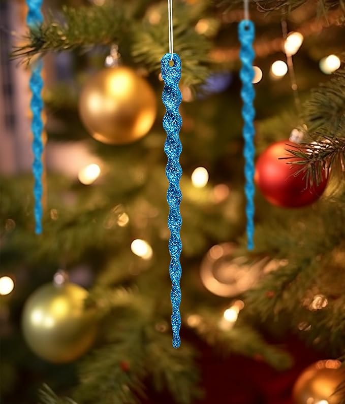 AMS Sparkling Glitter Plastic Icicle Ornaments 30 PCS Twisted Icicles Decoration Christmas Tree and Holiday Xmas Party Hanging (5.1'', Blue)