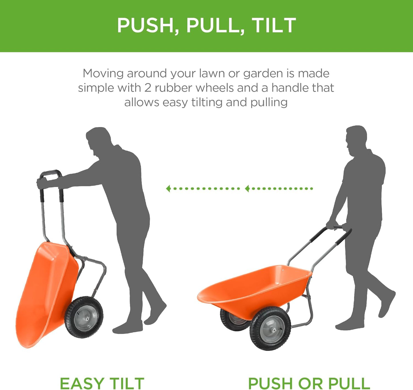 Best Choice Products Dual-Wheel Home Utility Yard Wheelbarrow Garden Cart w/Built-in Stand for Lawn, Gardening, Construction - Orange