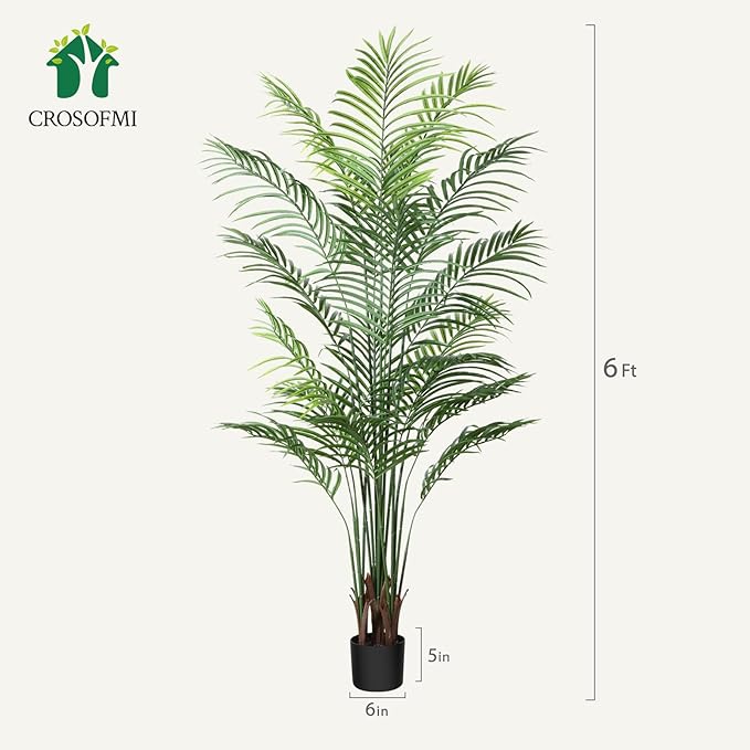 Artificial Areca Palm Plant 6Ft Fake Tropical Palm Tree, Perfect Faux Dypsis Lutescens Plants in Pot for Indoor Outdoor House Home Office Garden Modern Decoration Housewarming Gift,1Pcs