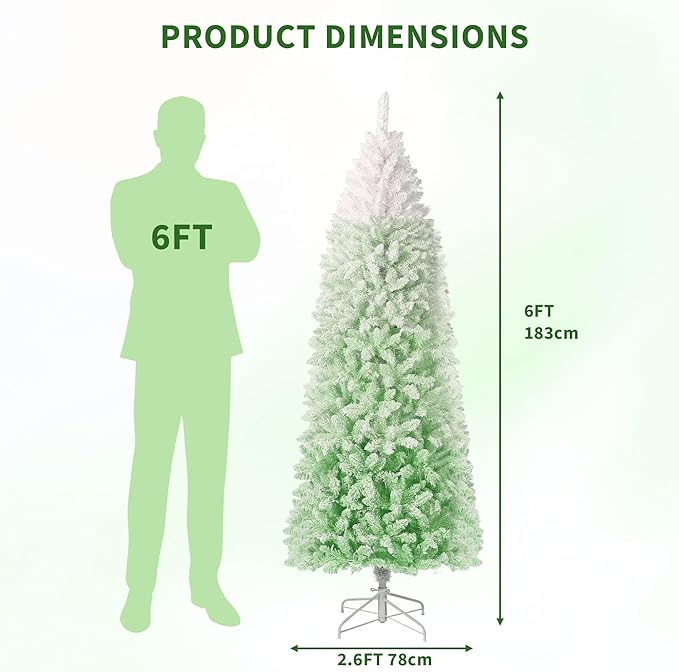 GAOMON 6Ft Pencil Christmas Tree Artificial Slim Xmas Trees Skinny Christmas Tree Decorations Fake Flockeds, White & Green Gradient