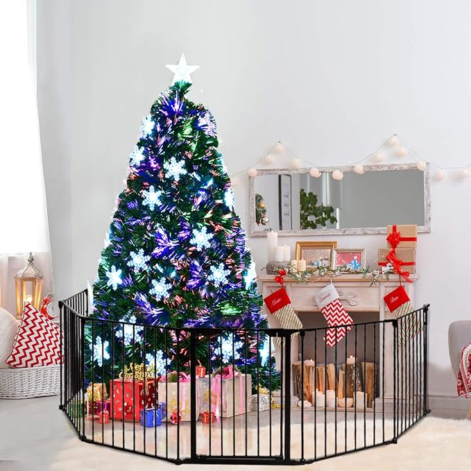 Happygrill 6FT Pre-lit Christmas Tree Fiber Optic Artificial Xmas Tree for Home Holiday Décor, Snowflakes, UL-Certified Electronic Transformer, Christmas Tree with Metal Stand