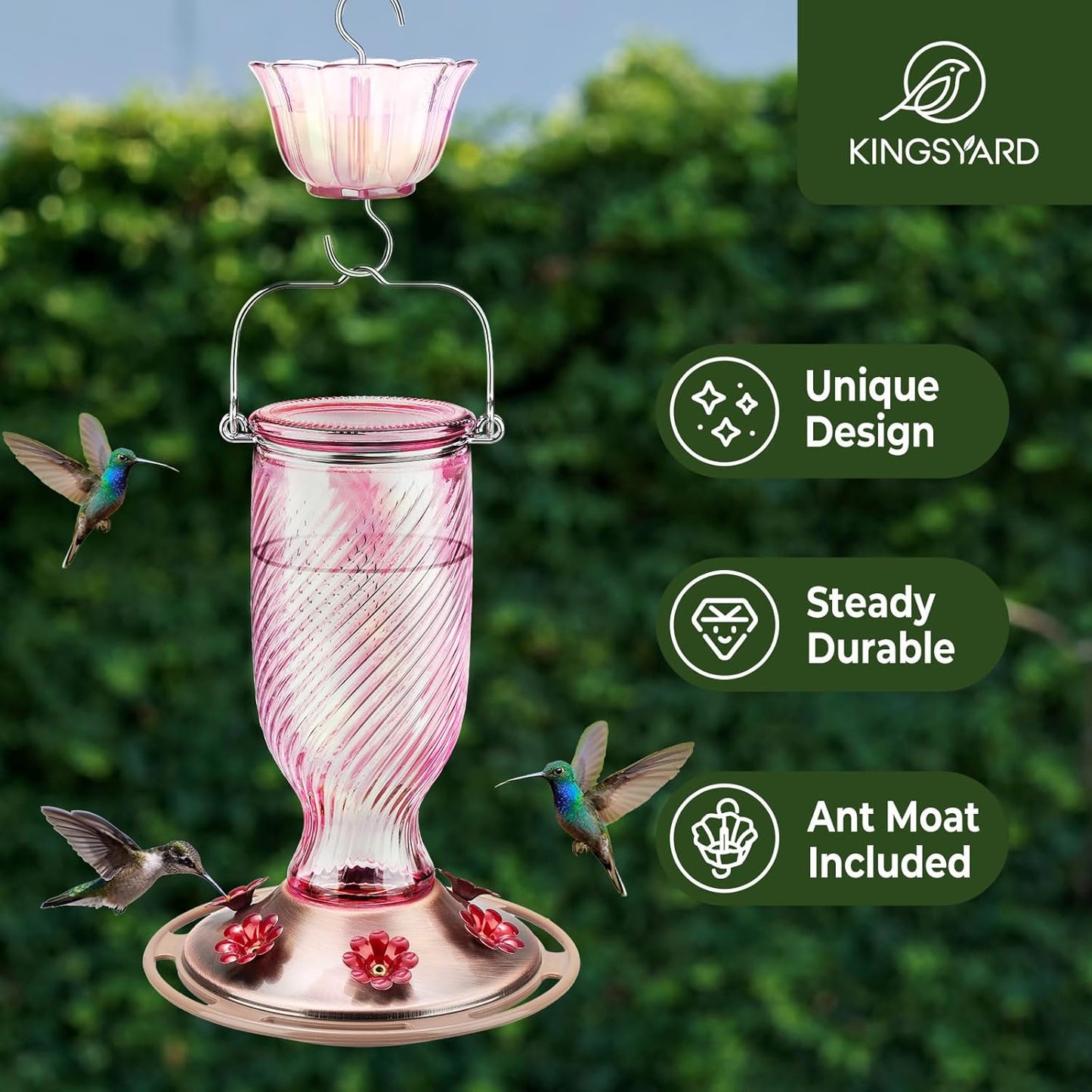 Kingsyard Glass Hummingbird Feeders for Outdoors, 24 oz Hummingbird Nectar Feeder for Outdoors Garden Yard D�cor, 6 Feeding Ports, Ant Moat Included, Easy to Clean & Refill, Pale Pink