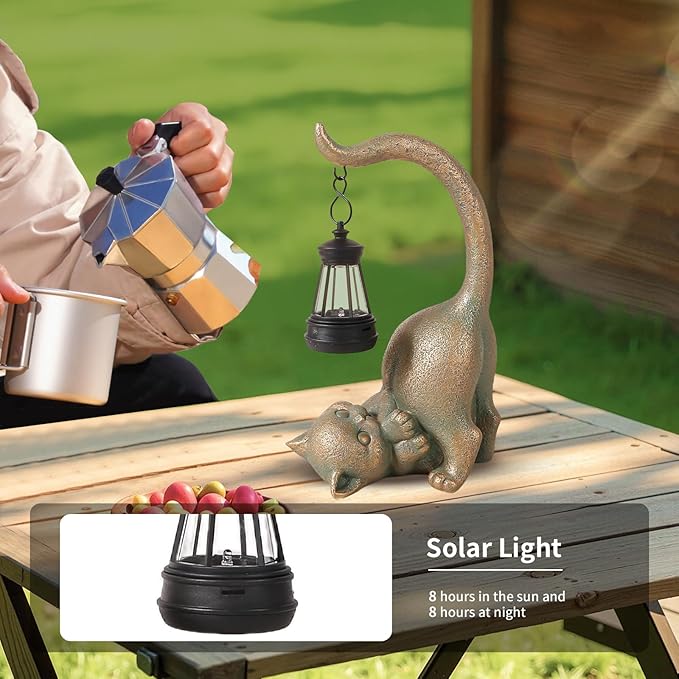Cat Garden Statue Outside Decor with Lantern for Yard Art Lawn Ornaments Porch Patio Balcony Home House Birthday Gifts for Grandma Mom Women Sister Lover