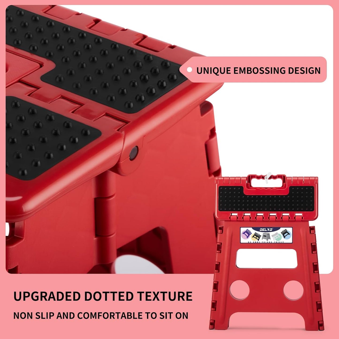 Delxo Folding Step Stool,Non-Slip Stool 13 inch Height Premium Heavy Duty Foldable Stool for Kids and Adults,Kitchen Garden Bathroom Steppingstool 1 Pack in Red,Dotted Texture
