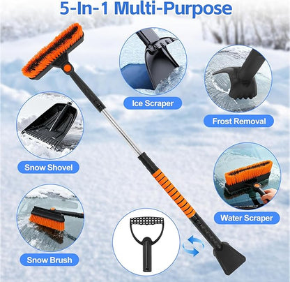 5-in-1 Ice Scrapers Snow Shovel Snow Brush Kit, 41" Ice Scrapers for Car Windshield with 180° Pivoting Brush Head & Squeegee, Extendable Aluminum Foam Grip for Cars, SUVs, Trucks - Orange
