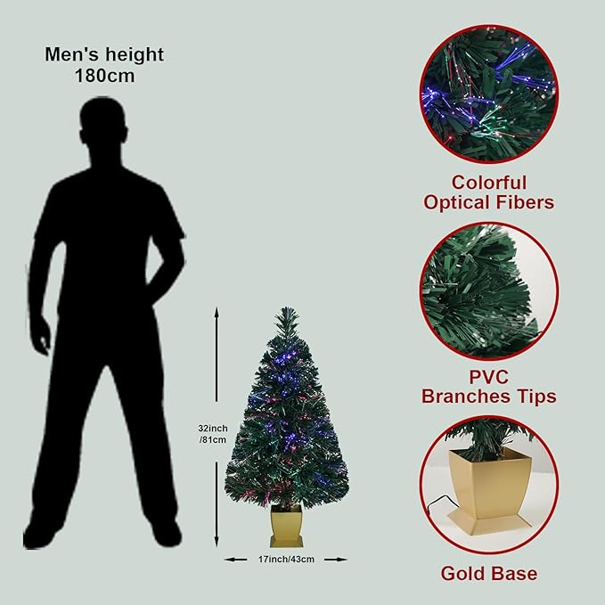 32inch Green Fiber Optic Christmas Tree, Small Christmas Tree with Lights 3 FT Artificial Prelit Tabletop Xmas Tree Holiday Home Decorations, USB Adaptor Included